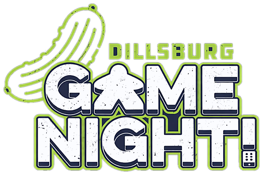 Dillsburg Game Night! logo — a lime-green pickle swooshing over chunky letters with a meeple as the A